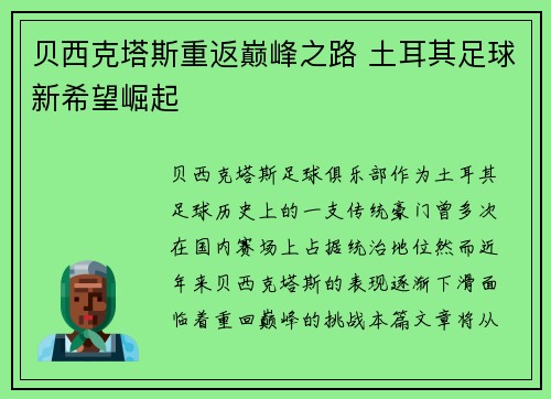 贝西克塔斯重返巅峰之路 土耳其足球新希望崛起
