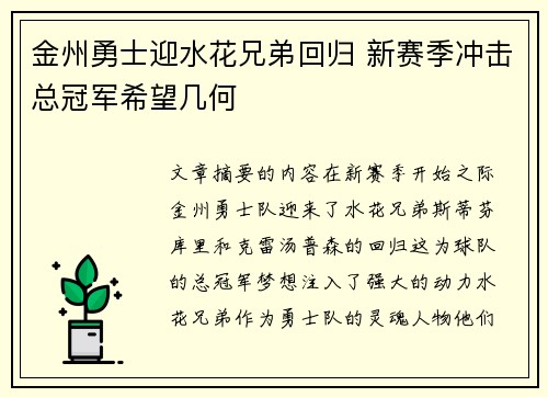 金州勇士迎水花兄弟回归 新赛季冲击总冠军希望几何